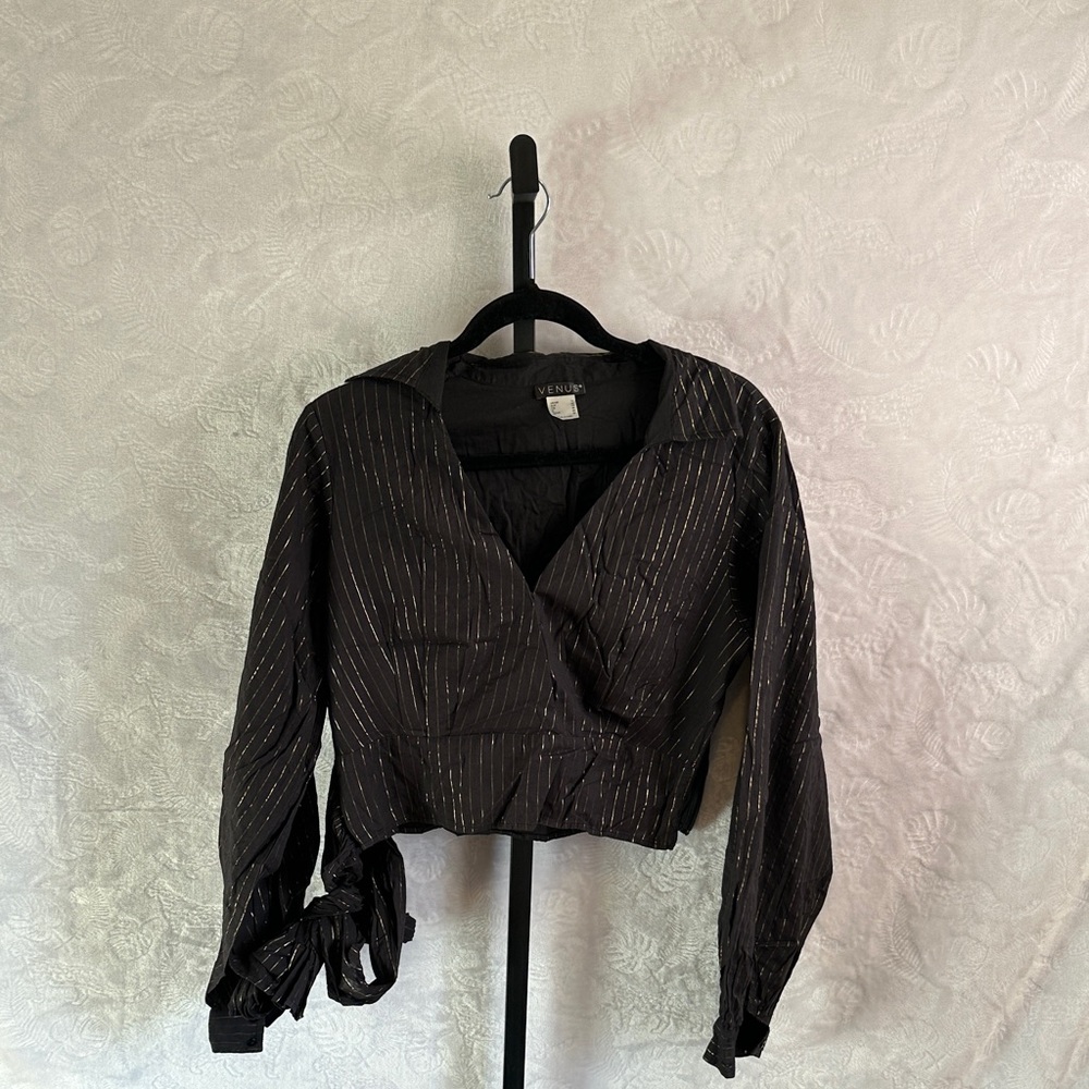 VENUS Charcoal Pinstripe Wrap Blouse